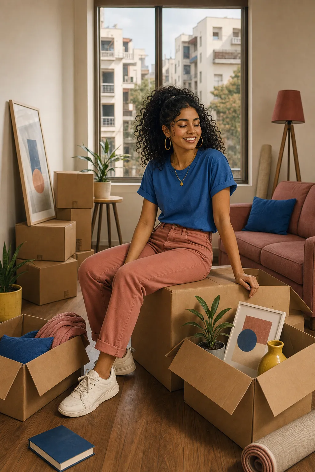 Ananya settling into her first apartment among moving boxes