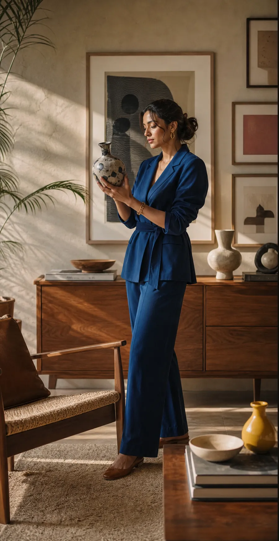 Design-conscious woman examining a handmade ceramic vessel in her curated home
